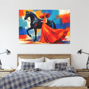 Elegant Woman in Red with Black Horse Canvas Print