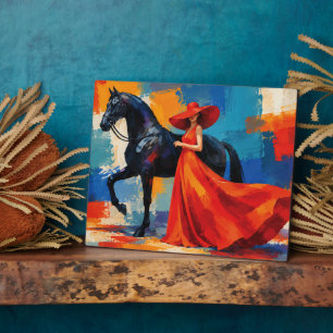 Elegant Woman in Red with Black Horse Plaque