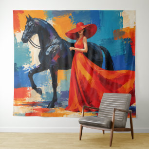 Elegant Woman in Red with Black Horse Tapestry