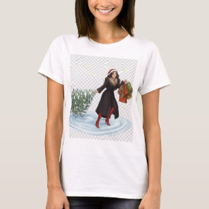 Elegant Woman in Santa Hat Pulling Christmas Tree  T-Shirt