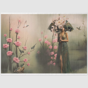 Elegant Woman, Misty Lake Bird & Floral Portrait  Tissue Paper
