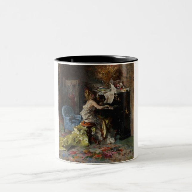 Elegant Woman Playing the Piano (Giovanni Boldini) Two-Tone Coffee Mug (Center)