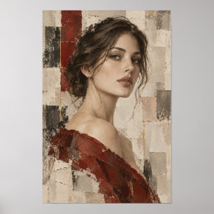 Elegant Woman Portrait in Deep Red Abstract Figura Poster
