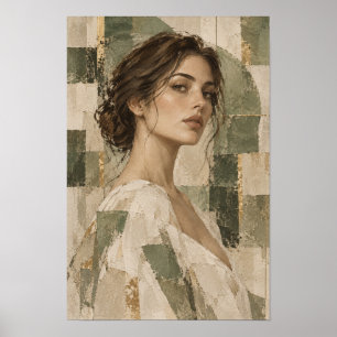 Elegant Woman Portrait with Sage Green Abstract Ba Poster