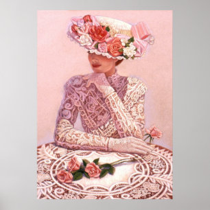 Elegant woman, roses hat, lace decor art poster