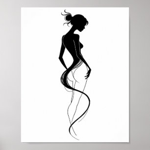 Elegant Woman Silhouette Abstract Line Art Black Poster