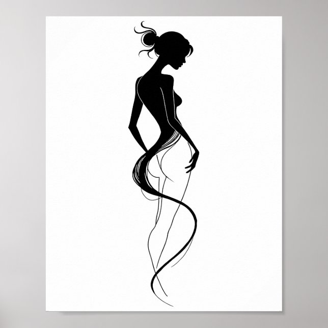 Elegant Woman Silhouette Abstract Line Art Black  Poster (Front)
