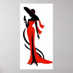 Elegant woman silhouette red dress with wineglass poster
