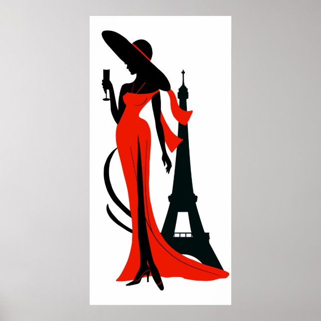 Elegant woman silhouette  red dress with wineglass poster (Front)