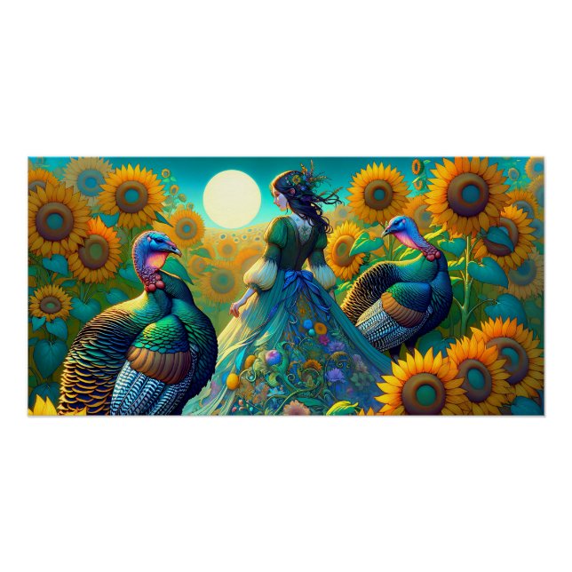 Elegant Woman, Turkey and Sunflowers Poster (Front)