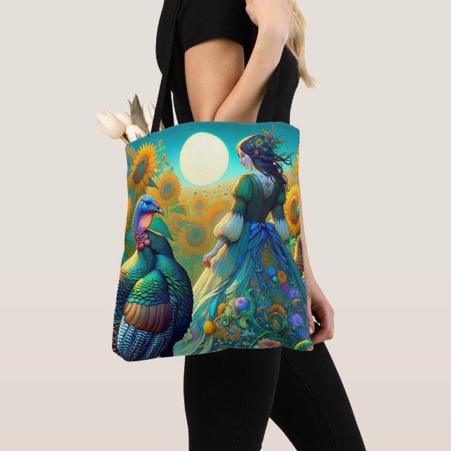 Elegant Woman, Turkey and Sunflowers Tote Bag (Close Up)