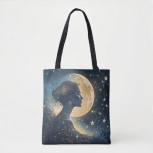 Elegant Woman Under the Golden Moon & Stars Tote Bag