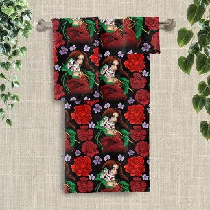 Elegant Woman Venetian Mask Red Green Bath Towel Set