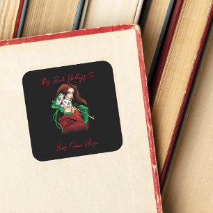 Elegant Woman Venetian Mask Red Green Bookplate  Square Sticker