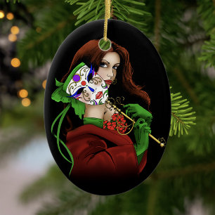 Elegant Woman Venetian Mask Red Green Ceramic Tree Decoration