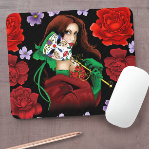 Elegant Woman Venetian Mask Red Green Mouse Mat