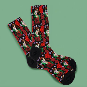 Elegant Woman Venetian Mask Red Green Socks
