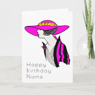Elegant Woman Wide Brimmed Hat Art Deco Birthday Card