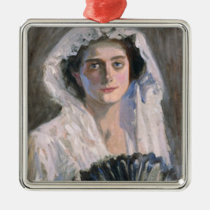 Elegant Woman with a Black Fan (Fujishima Takeji) Metal Tree Decoration