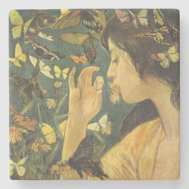 Elegant Woman With Beautiful Butterflies Stone Coaster (Front)
