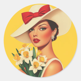 Elegant Woman with Daffodils Classic Round Sticker