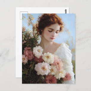 Elegant Woman with Flowers Painting Postcard