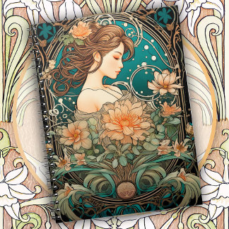 Elegant Woman with Flowing Hair and Soft Flowers Notebook