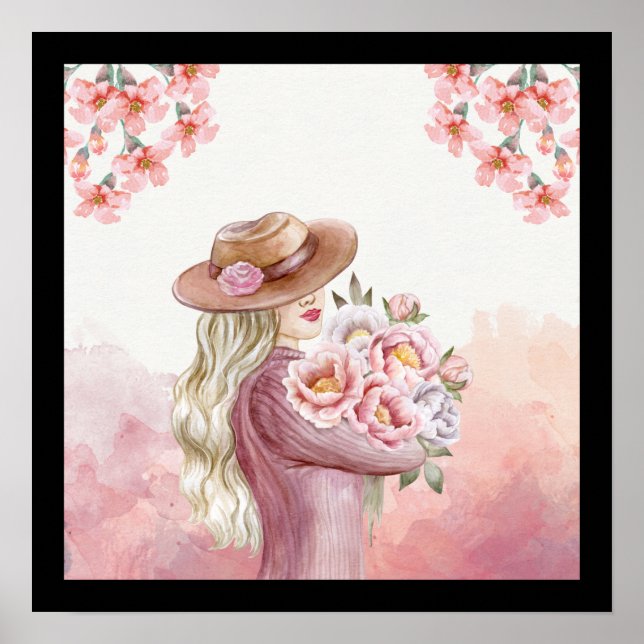 Elegant Woman with Peonies Watercolor Art Print (Front)