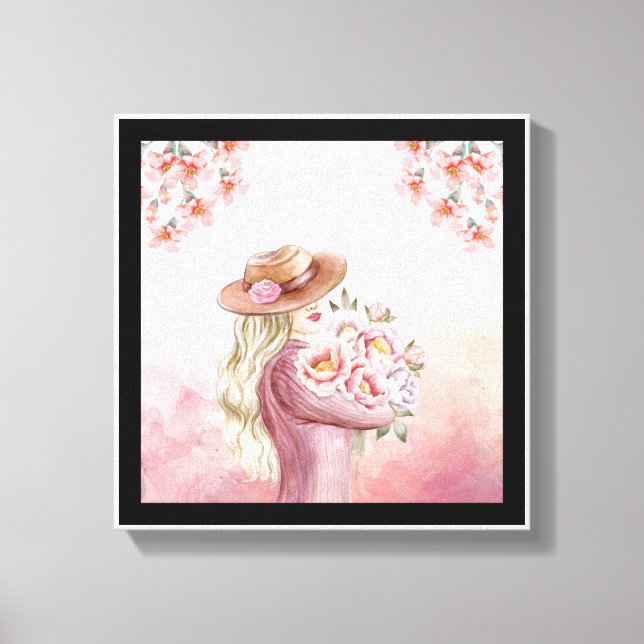 Elegant Woman with Peonies Watercolor Art Print (Front)