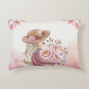 Elegant Woman with Peonies Watercolor Art Print Decorative Cushion