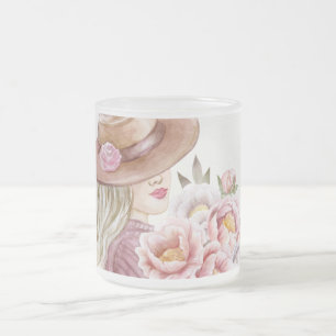 Elegant Woman with Peonies Watercolor Art Print Frosted Glass Coffee Mug