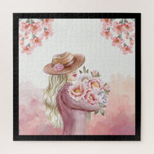 Elegant Woman with Peonies Watercolor Art Print Jigsaw Puzzle