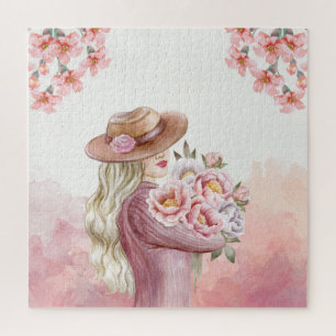 Elegant Woman with Peonies Watercolor Art Print Jigsaw Puzzle