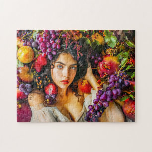 Elegant woman with pomegranate grapes and floral c jigsaw puzzle
