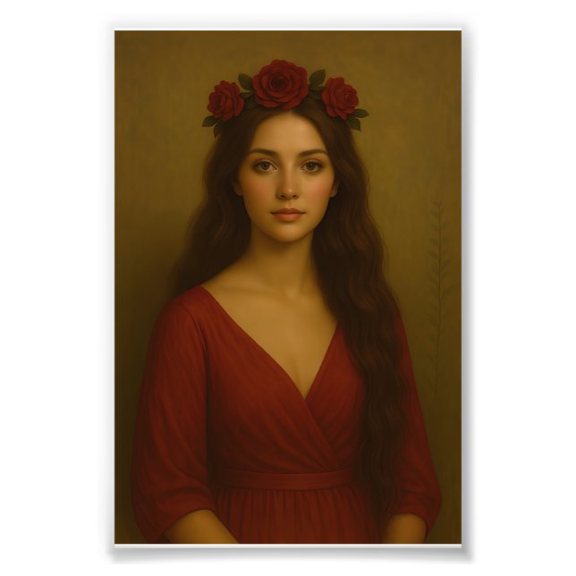 "Elegant Woman with Red Rose Crown – Timeless Flor Photo Print (Front)