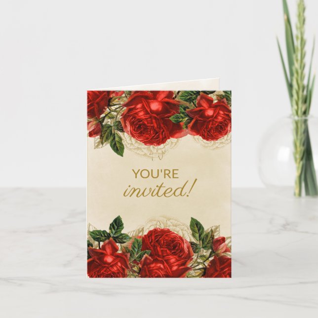 Elegant Women's 75th Birthday Vintage Red Roses Invitation (Front)