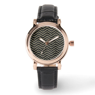 Elegant Women's Black Marble and Gold Chevron Watch