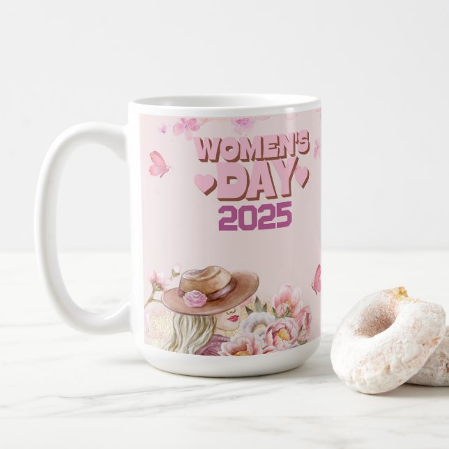 Elegant Women's Day 2025 with Pink Floral Design Coffee Mug (With Donut)