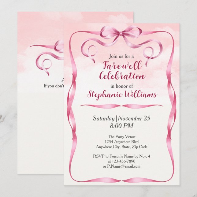 Elegant Women's Farewell Pink Bow Border Party  Invitation (Front/Back)