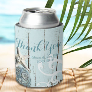 Elegant wood BLue Seashells Beach Wedding Can Cooler