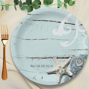 Elegant wood BLue Seashells Beach Wedding favour Paper Plate