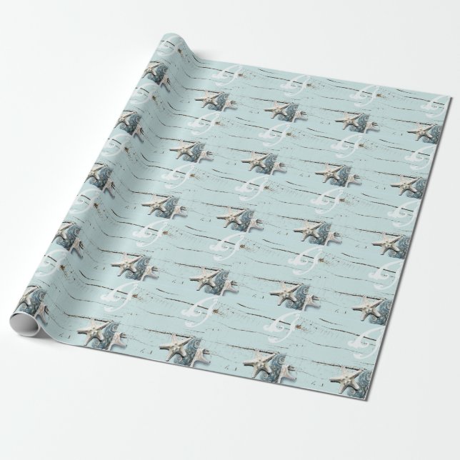 Elegant wood BLue Seashells Beach Wedding favour Wrapping Paper (Unrolled)