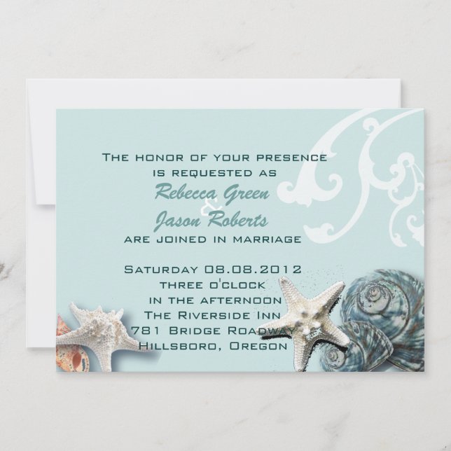 Elegant wood BLue Seashells Beach Wedding Invitation (Front)