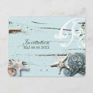Elegant wood BLue Seashells Beach Wedding Invitation