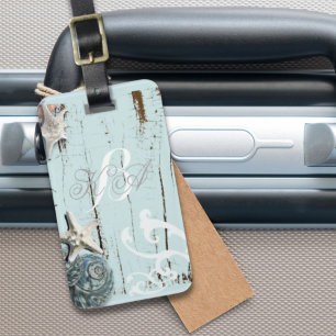 Elegant wood BLue Seashells Beach Wedding Luggage Tag