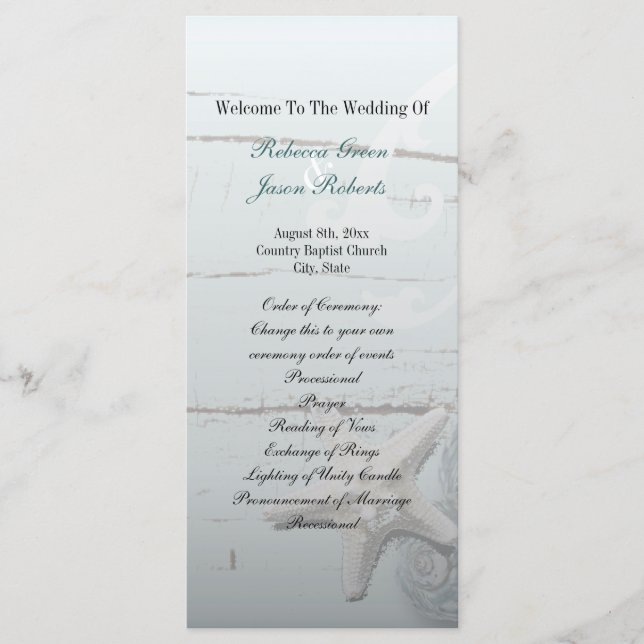 Elegant wood BLue Seashells Beach Wedding program Programme (Front)
