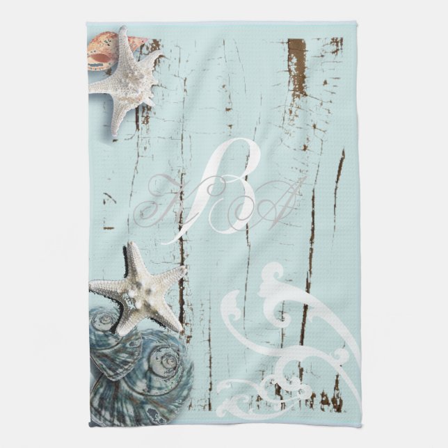 Elegant wood BLue Seashells Beach Wedding Tea Towel (Vertical)