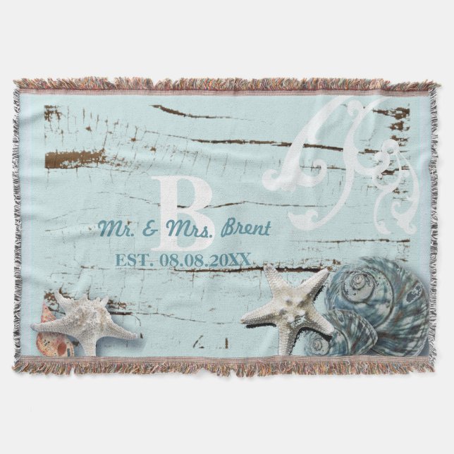 Elegant wood BLue Seashells Beach Wedding Throw Blanket (Front)