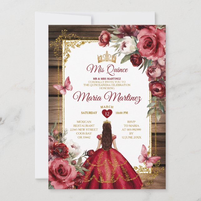 Elegant Wood Burgundy Flowers Princess Mis Quince Invitation (Front)