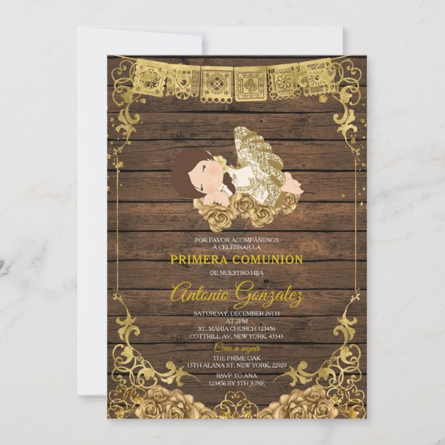 Elegant Wood Cute Girl Primera Comunión Gold White Invitation (Front)